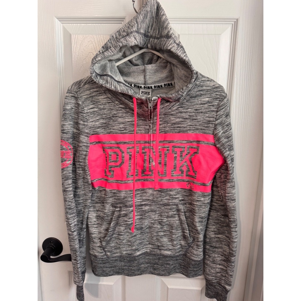 Victoria's Secret PINK Quarter-Zip Hoodie Gray Neon Pink XS